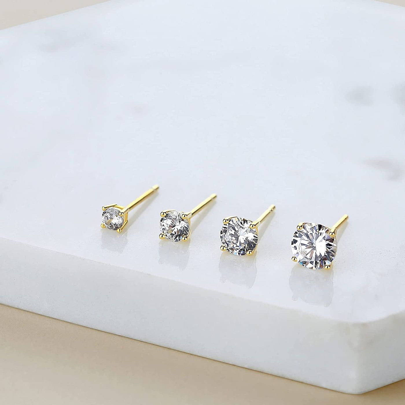 14K Gold Plated 925 Sterling Silver Round Brilliant Cut Cubic Zirconia Stud Earrings Hypoallergenic Earrings for Women 3-6mm