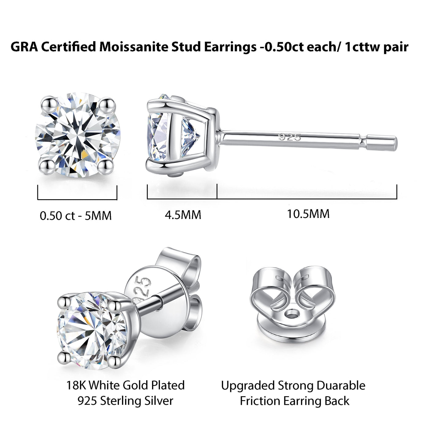 18K Gold Plated 925 Sterling Silver Moissanite Stud Earrings GRA-Certified