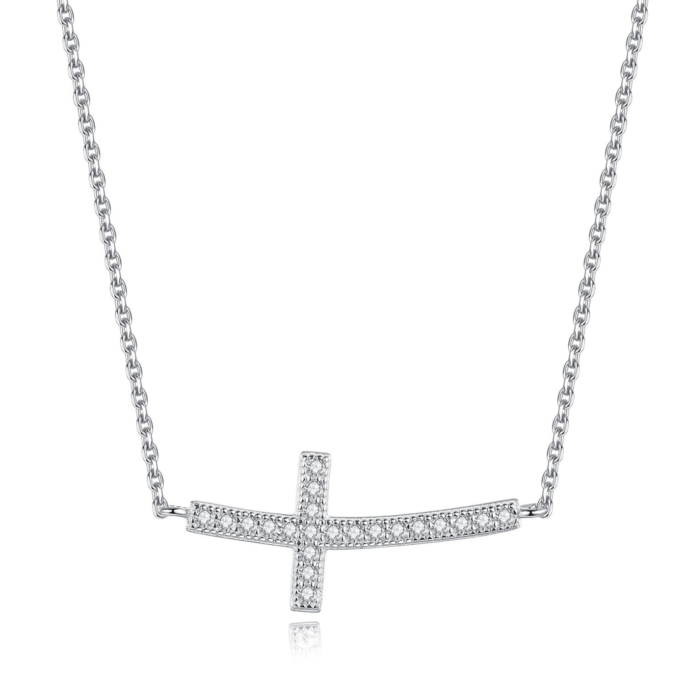 925 Sterling Silver Cubic Zirconia Sideways Cross Necklace