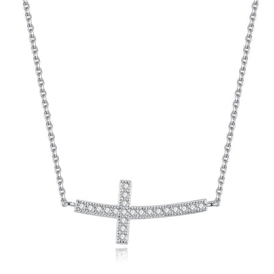 925 Sterling Silver Cubic Zirconia Sideways Cross Necklace