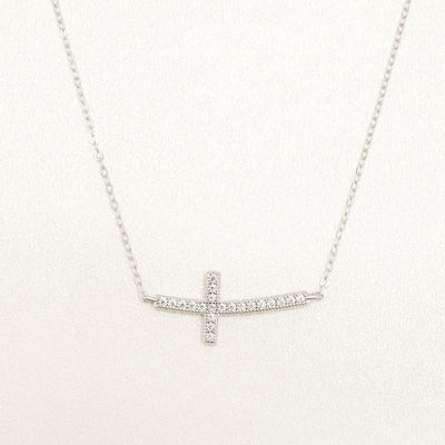 925 Sterling Silver Cubic Zirconia Sideways Cross Necklace