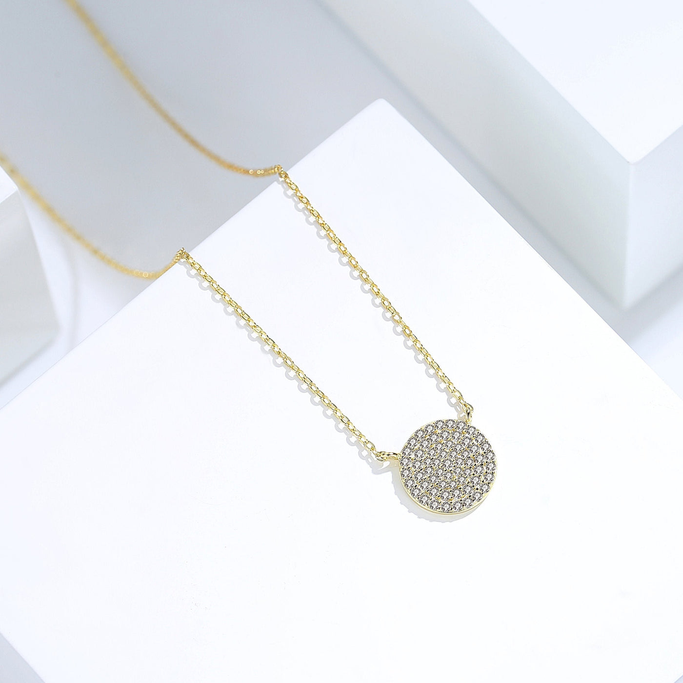 925 Sterling Silver Pave Circle Disc Necklace