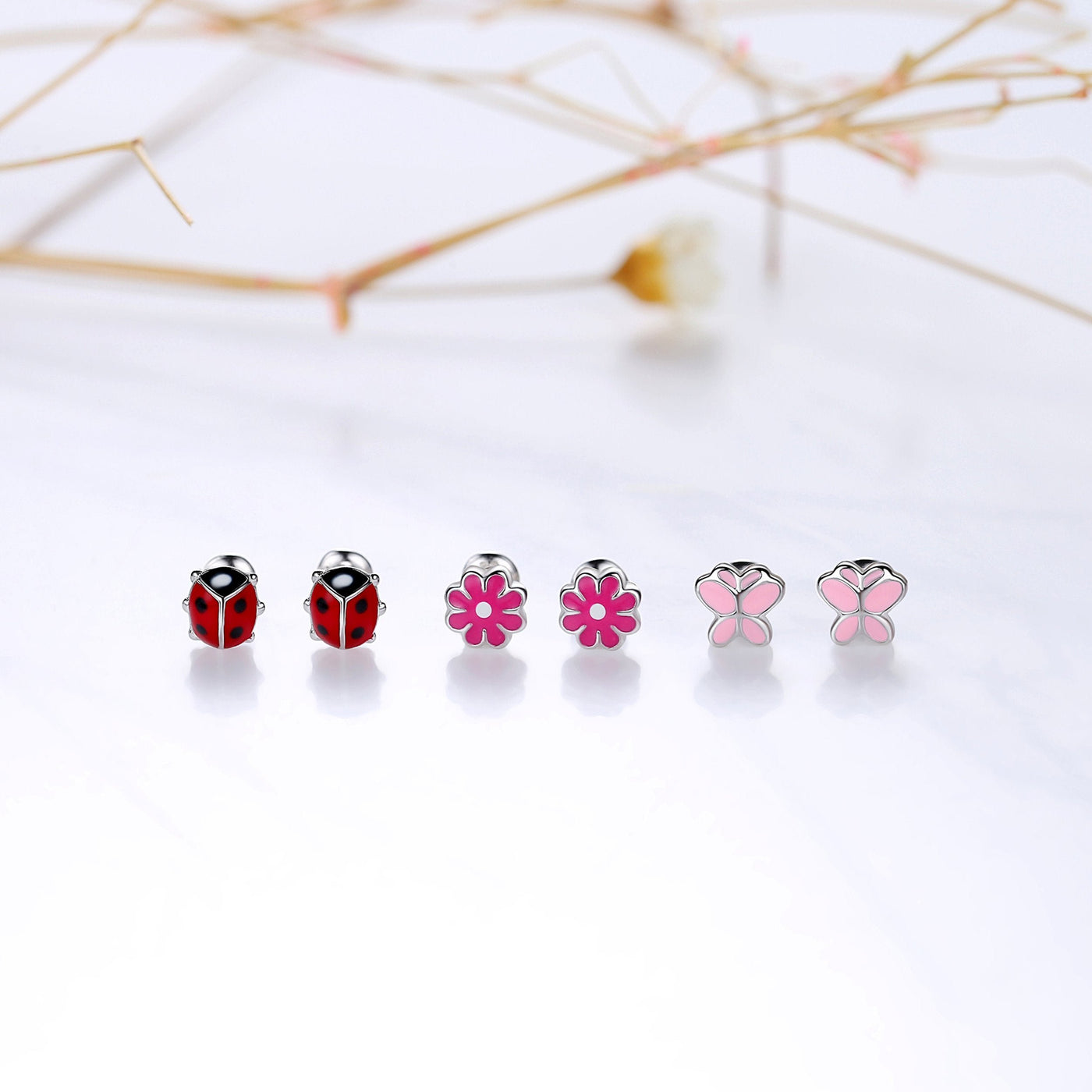 925 Sterling Silver Daisy/Ladybug/Butterfly Screwback Earrings